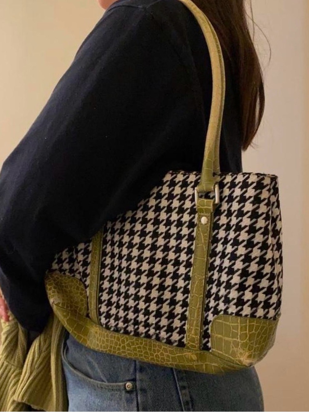 Houndstooth Bag with Olive Trim
